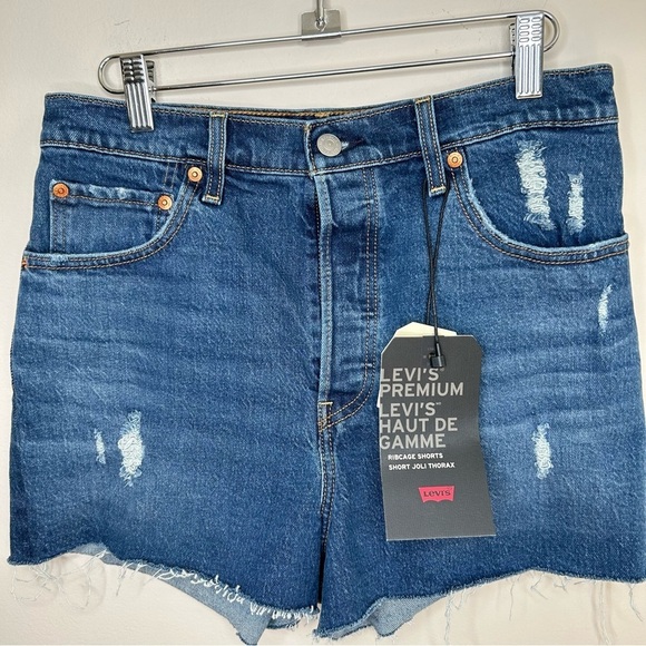 NEW Levi's Ribcage Shorts Button Fly Light Distressed  Raw Hem Dark Blue Sz 29 - Picture 3 of 13